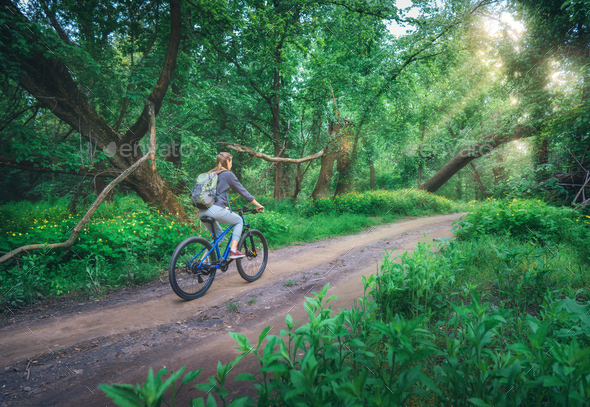 Woman riding a bicycle in forest in spring at sunset - Stock Photo - Images