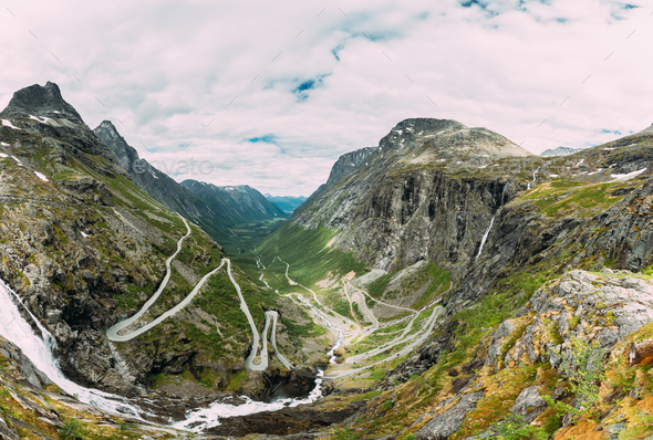Trollstigen, Andalsnes, Norway. Serpentine Mountain Road Trollstigen. Famous Norwegian Landmark And - Stock Photo - Images