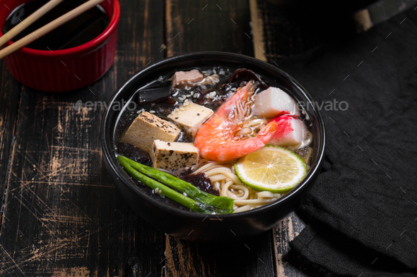 Table served with asian noodle soup - Stock Photo - Images