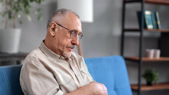 Upset Depressive Aged Man Grandfather Suffer Loneliness Chronic Disease Sitting Couch alt