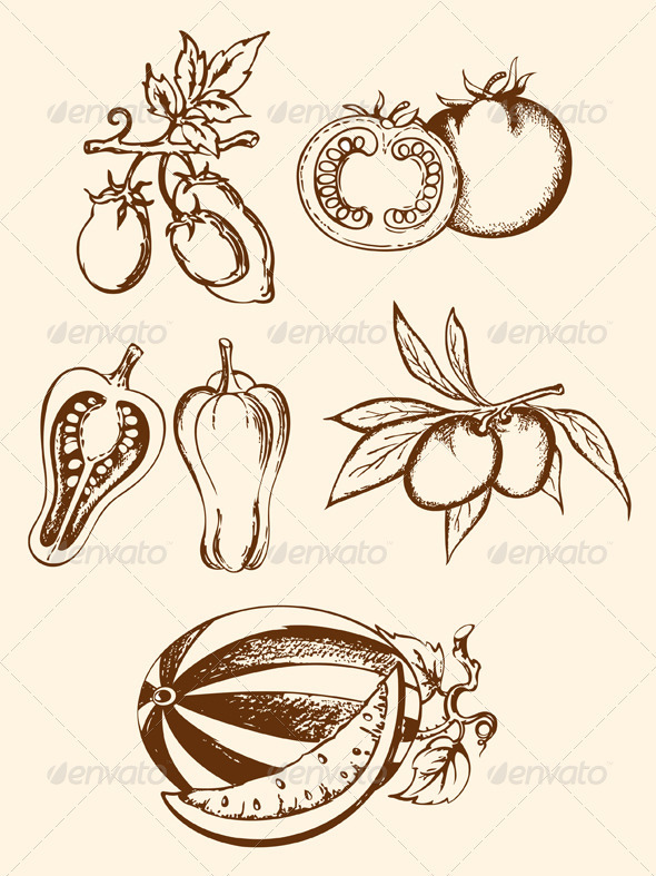 Set of Vintage Vegetable Icons - Food Objects