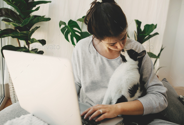 Young woman giving kiss to her cat and working on laptop - Stock Photo - Images