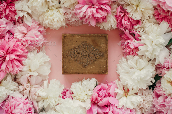 Stylish vintage jewelry box in pink and white peonies frame - Stock Photo - Images