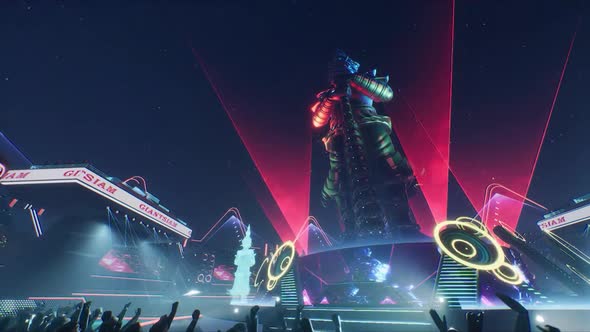 Camera fly around Thai Giant statue in Metaverse concert arena alt