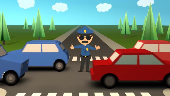 The policeman with sunglasses is directing traffic on the busy crossroad