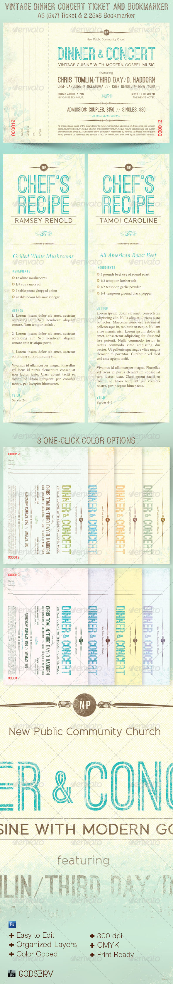 Vintage Dinner Concert Ticket Bookmarker - Miscellaneous Print Templates