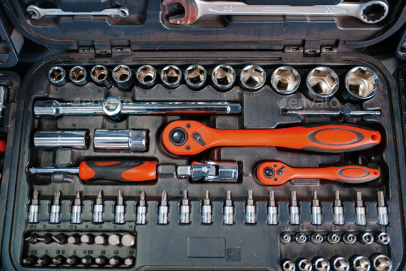 Toolbox with ratchet heads in tool store closeup - Stock Photo - Images