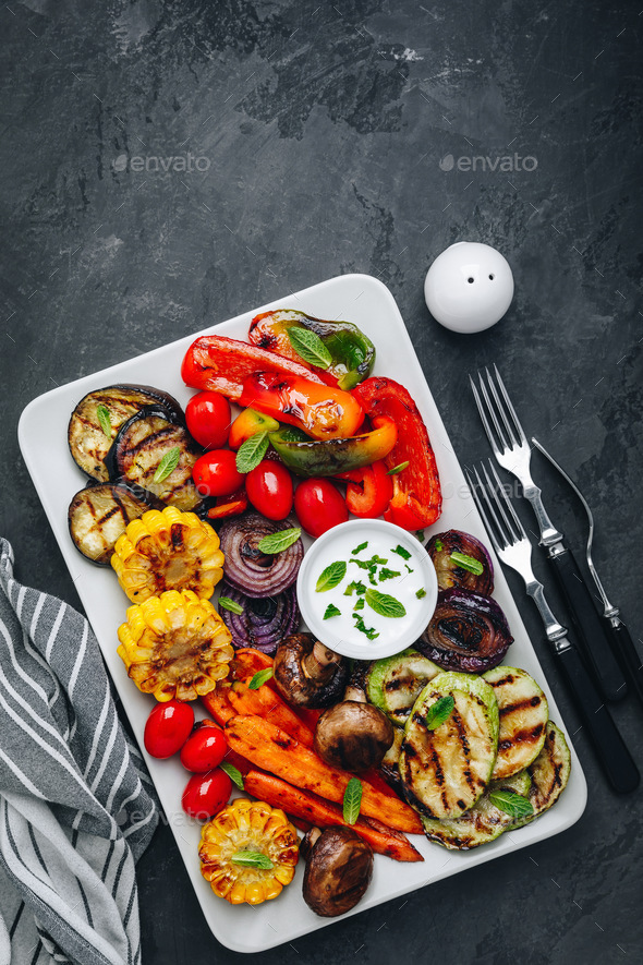 Grilled Vegetable Platter with Zucchini, mushrooms, eggplant, carrots - Stock Photo - Images