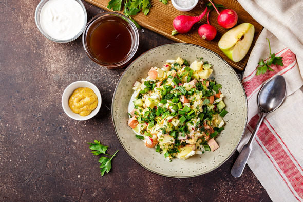 Cold Soup Okroshka with sausage, vegetables and kvass - Stock Photo - Images