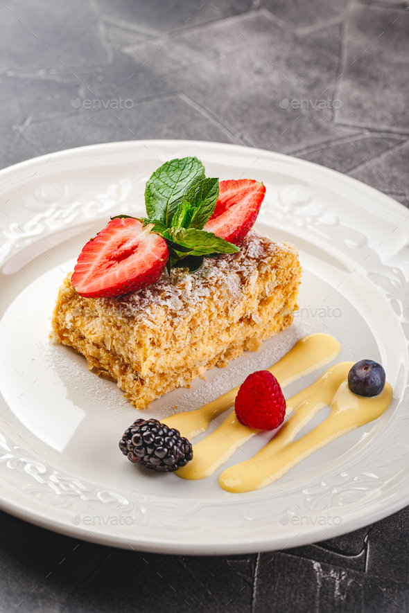 Piece of cake Napoleon, close up view - Stock Photo - Images