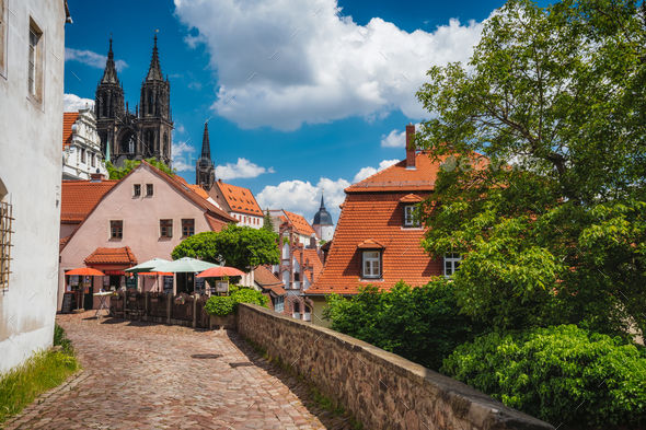 Meissen fable like old town with Albrechtsburg Castle. town Medieval buildings with orange tiled - Stock Photo - Images