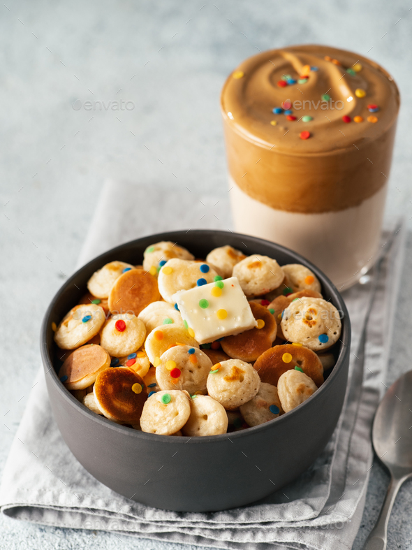baby cereal pancakes and dalgona coffee - Stock Photo - Images