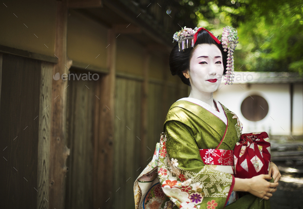A woman dressed in the traditional geisha style, wearing a kimono and obi,  with an elaborate Stock Photo by Mint_Images