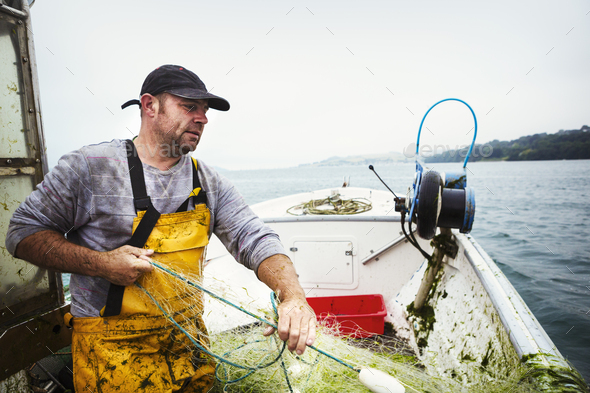 A fisherman on a boat hauling in the fishing net. - Stock Photo - Images
