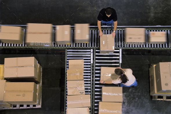 Warehouse employees organizing cardboard boxes moving on a conveyor belt in a distribution - Stock Photo - Images