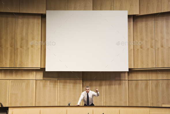 Politician making a speech at a political meeting.