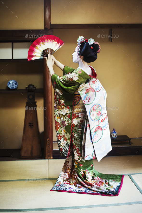 A woman in the traeditional geisha style, wearing a kimono and obi, with an Stock Photo by Mint_Images