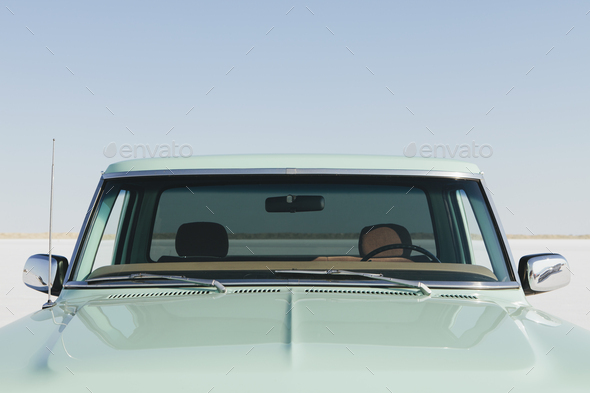 Detail  of a vintage Ford F100 pickup truck, the windshield and hood. Bonneville Salt Flats. - Stock Photo - Images