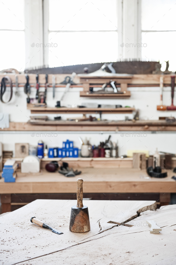 A work station with tools in a woodworking factory.