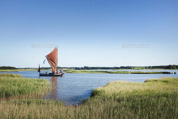 Traditional sailing boat with red sails and a gaff rig, a sailing smack on the water on a reed bed