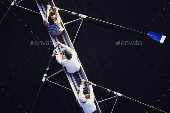 Overhead view of men rowing scull boat during competition in Seattle.
