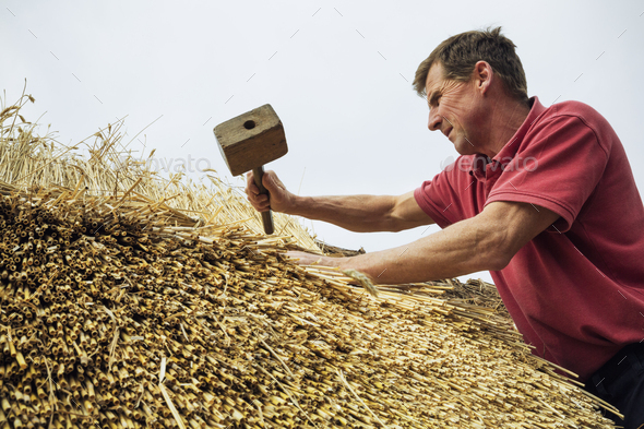 Man thatching a roof, using a wooden mallet.