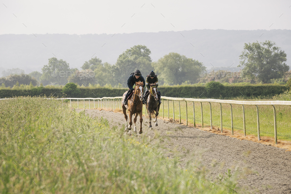 Two horses and riders on a gallops path, racing against each other in a training exercise. Racehorse
