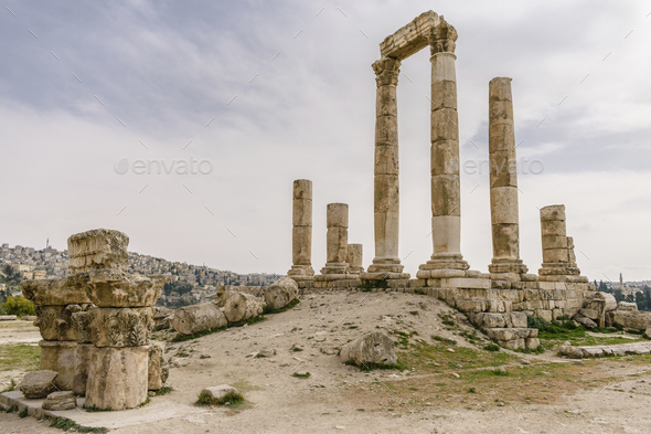Columns of the ruin of the Temple of Hercules, Jabal al-Qal'a, Amman Citadel. Arches and pediments