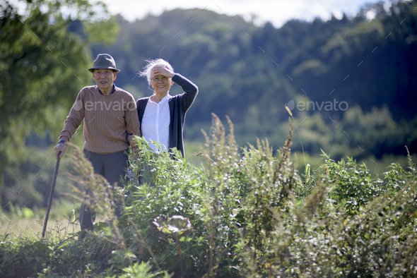 Husband and wife, elderly man wearing hat and using walking stick and elderly woman walking along