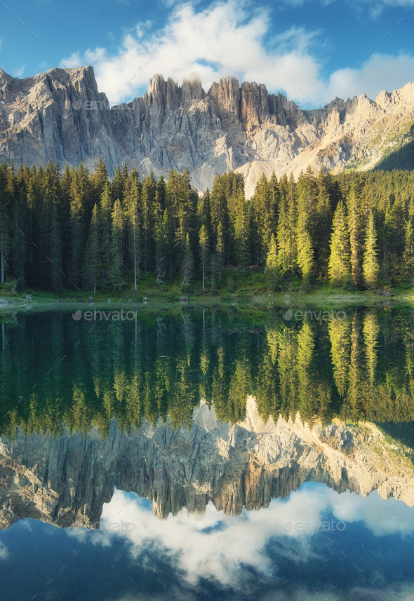 Lago Di Carezza Dolomite Alps Italy Lake Forest And Mountains Stock Photo By Biletskiy