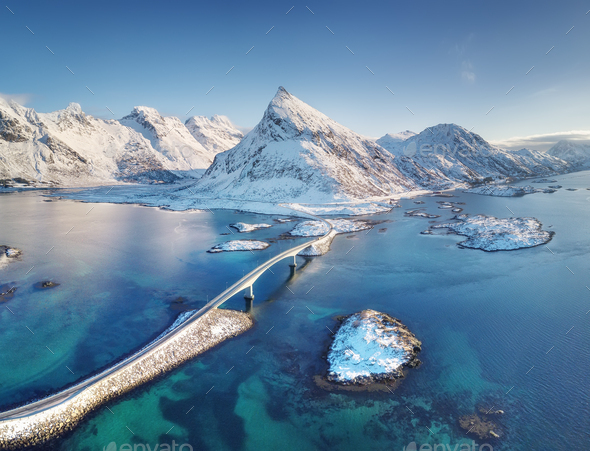 Fredvang bridges, Lofoten islands, Norway. Winter landscape. Travel image - Stock Photo - Images