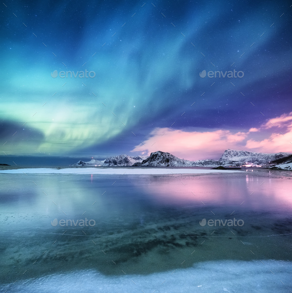 Northern lights on the Lofoten Islands, Norway. - Stock Photo - Images