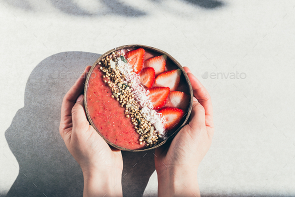 Strawberry Smoothie in Coconut Bowl - Stock Photo - Images