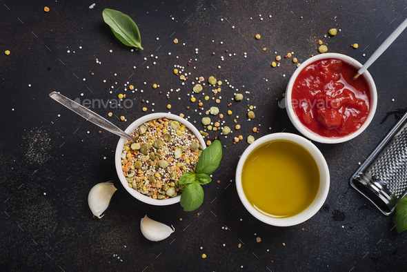 Ingredients for cookind vegetarian mix of legume - Stock Photo - Images