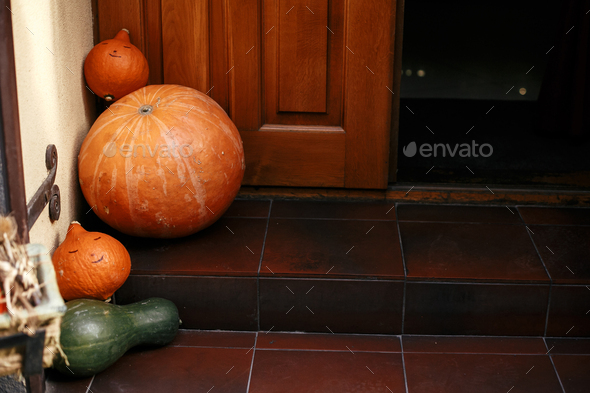 Pumpkins and squash in city street, holiday decorations store
