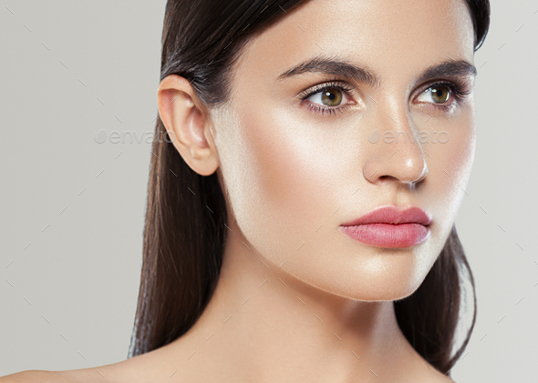 Beauty skin woman face healthy skin beautiful model close up face natural makeup brunette - Stock Photo - Images