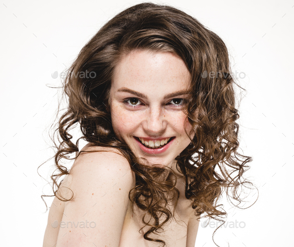 Naked Chicks With Curly Hair - Beautiful woman curly hair portrait freckles face closeup nude nature,  studio isolated on white Stock Photo by kiraliffe