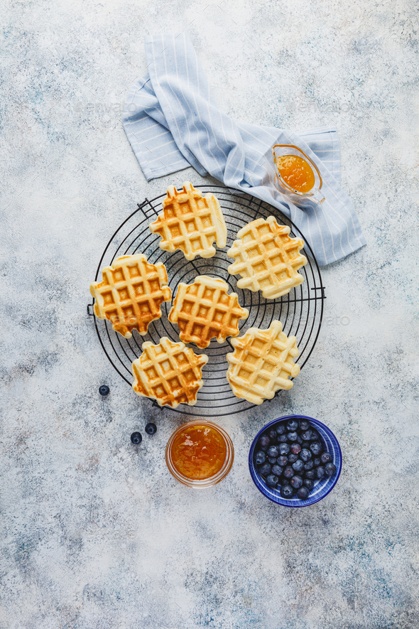 Home made Belgian waffles served with berries - Stock Photo - Images
