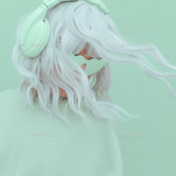Vanilla Mint Dj Girl. Monochrome Party colours. Stylish headphones, music lover concept