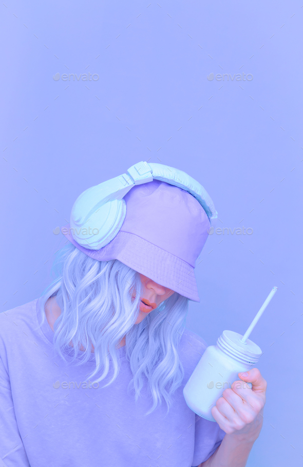 Ice Smoothie Dj Girl in stylish headphones and bucket hats. Minimal monochrome pastel colours trends