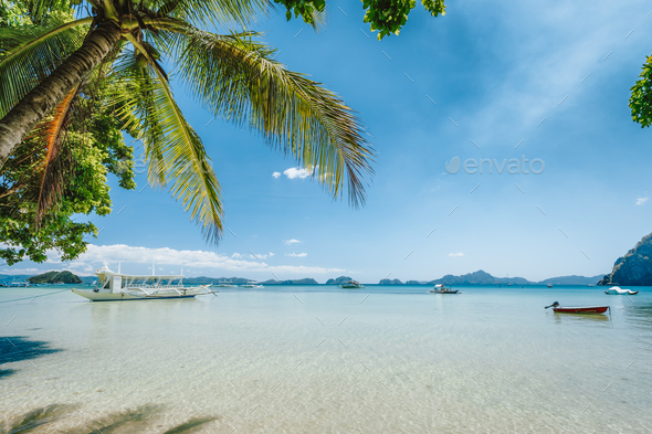 El Nido, Palawan island, Philippines. Palm trees of Corong Corong beach, island hopping boats in - Stock Photo - Images