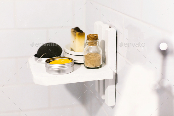 Plastic free bathroom items. Eco natural solid shampoo, konjac sponge, soap - Stock Photo - Images