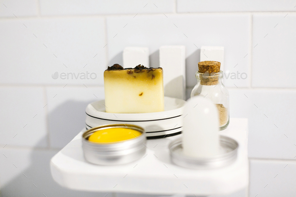 Zero waste bathroom concept. Eco natural shampoo in metal can, deodorant - Stock Photo - Images
