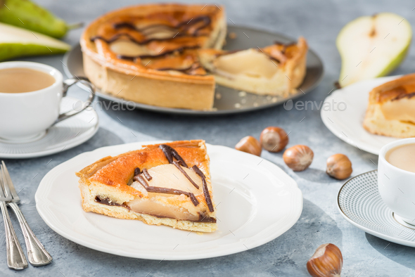 Table set for dessert with pear pie - Stock Photo - Images
