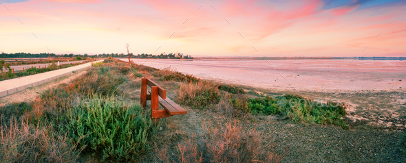Bench on shore of salt lake of Aliki with Hala Sultan Tekke mosque in background - Stock Photo - Images