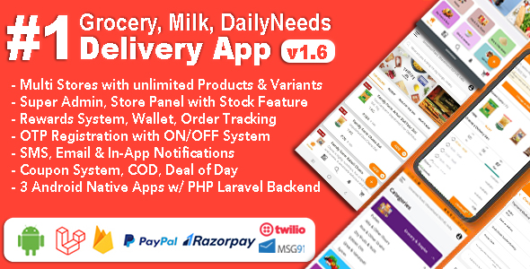 Grocery and Vegetable Delivery Android App with Admin Panel | Multi-Store with 3 Apps