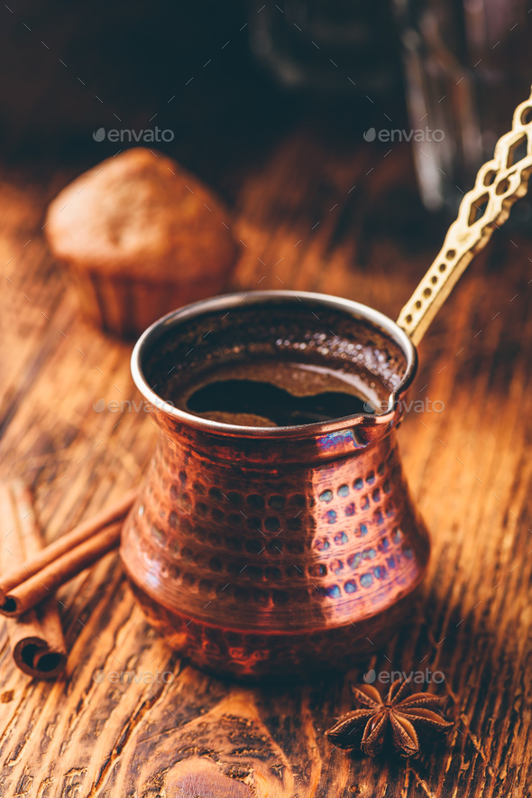 Turkish coffee with spices and muffins - Stock Photo - Images
