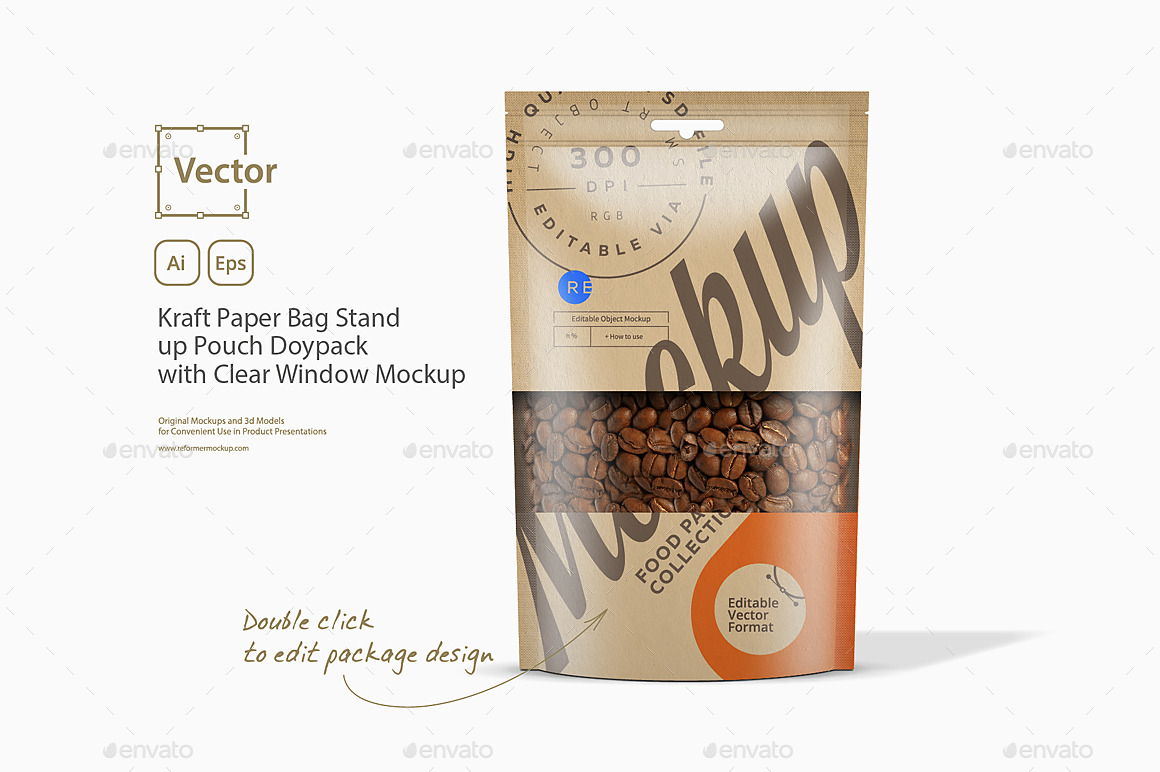 Download Kraft Paper Bag Stand up Pouch Doypack with Clear Window Mockup by _Reformer_