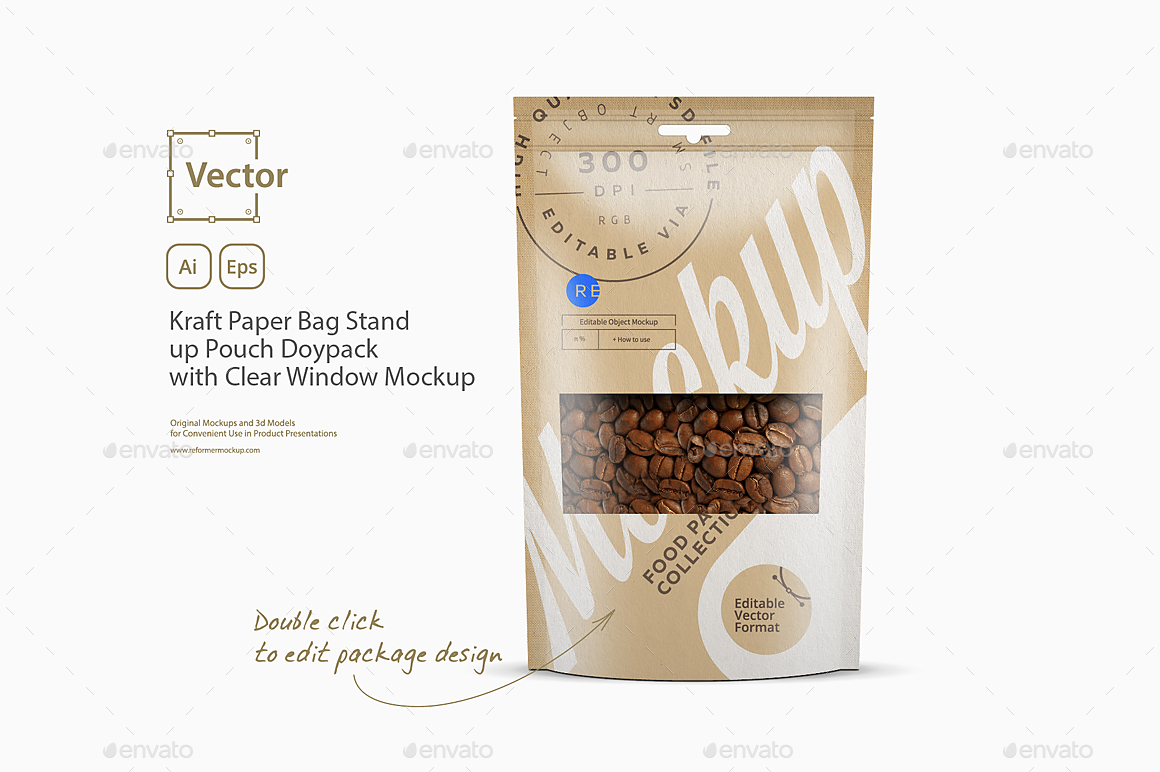 Download Kraft Paper Bag Stand Up Pouch Doypack With Clear Window Mockup By Reformer