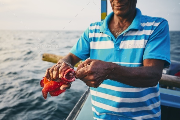 Senior fisherman holding red fish